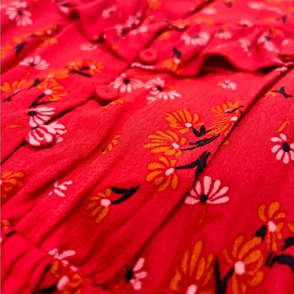 Tara Jarmon Red Midi Dress Women’s Long Sleeve Ruffled Button Front Floral 36